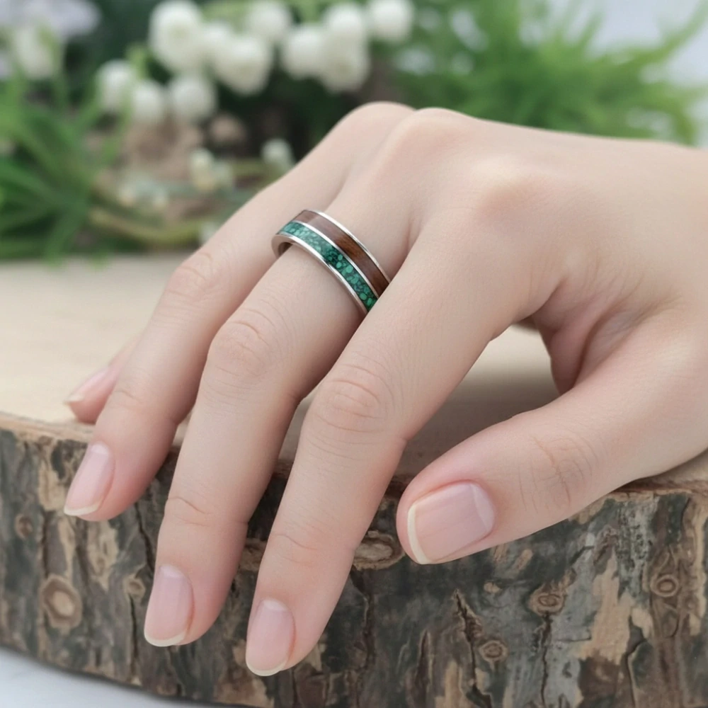 Snubní ocelové prsteny s ořechem a malachitem
