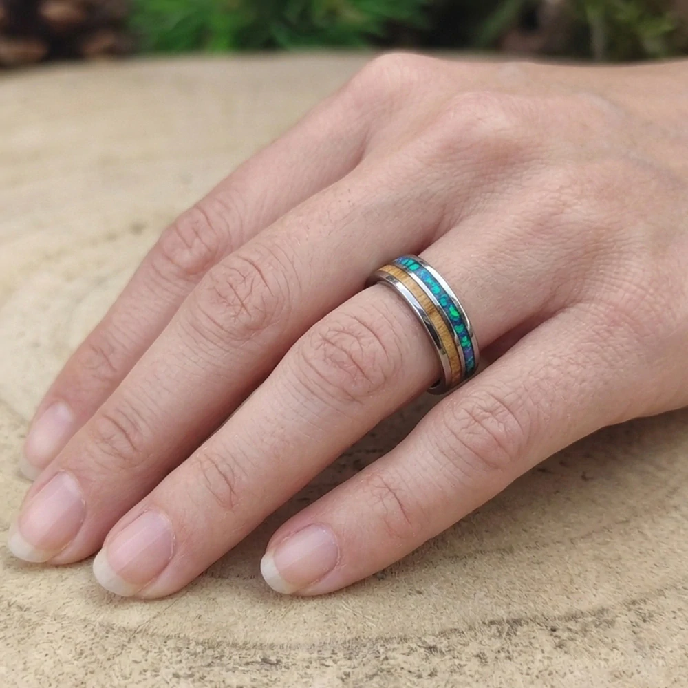 Snubní ocelové prsteny s olivou a opálem