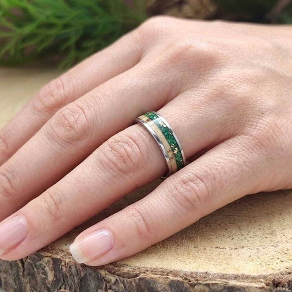 Snubní ocelové prsteny s břízou a malachitem