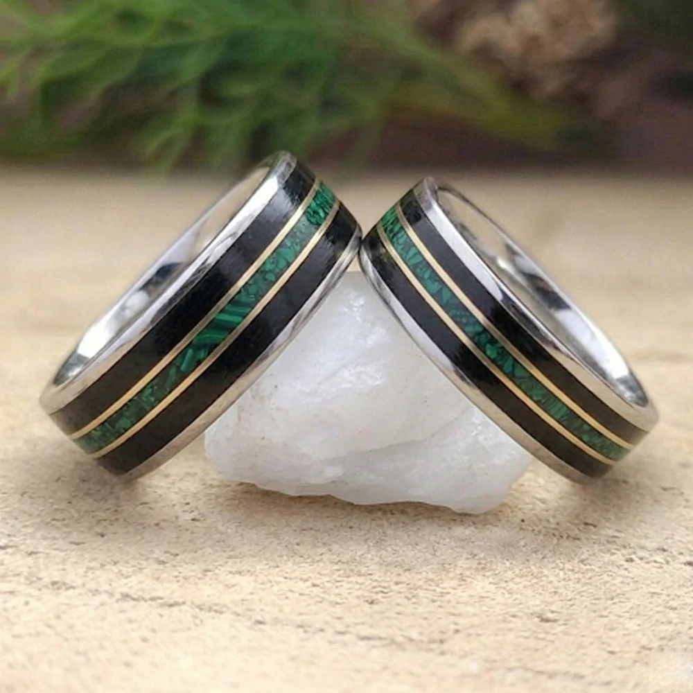 Snubní ocelové prsteny s ebenem a malachitem