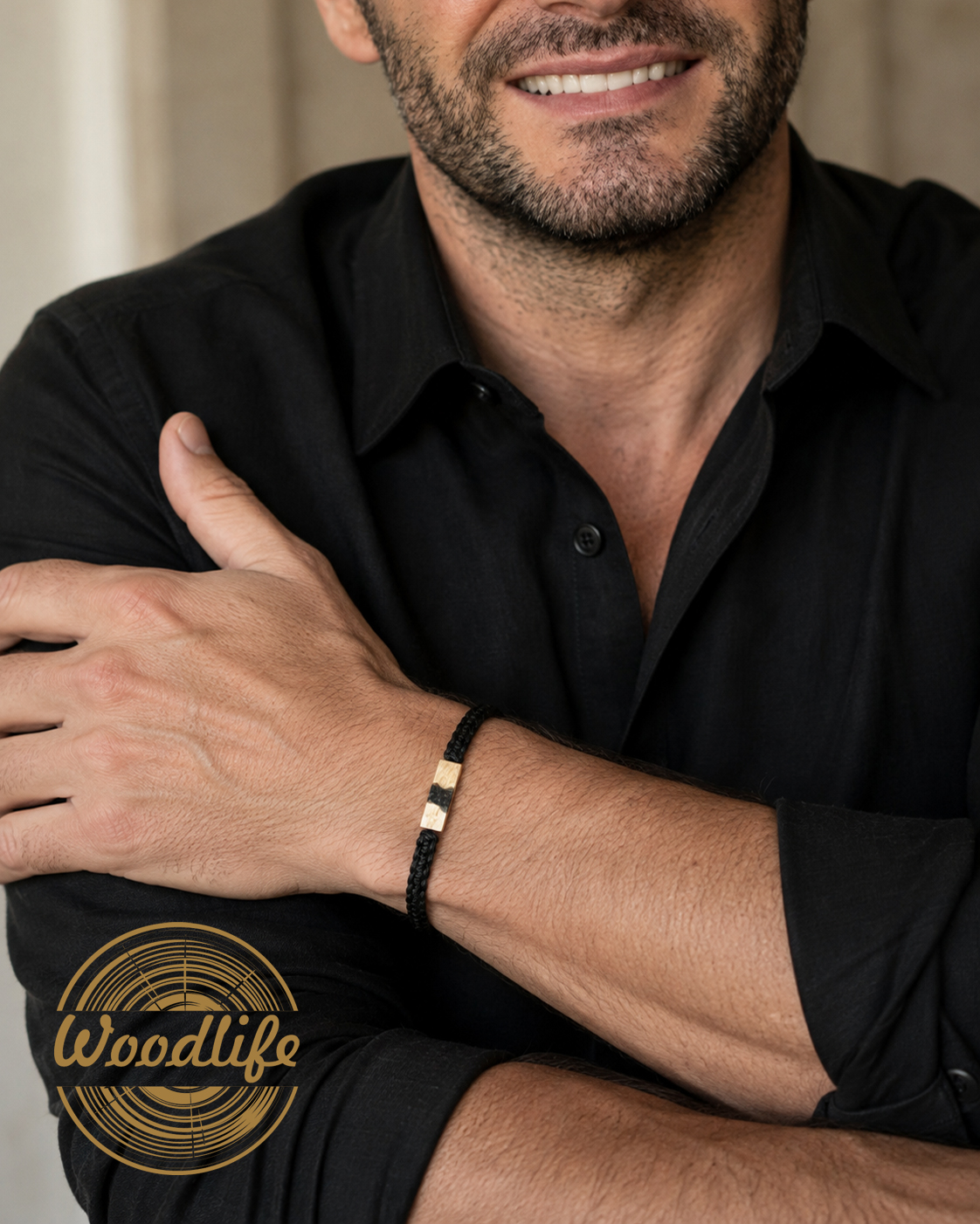 Obsidian Wood – unisex macramé náramek s obsidiánem a březovým dřevem