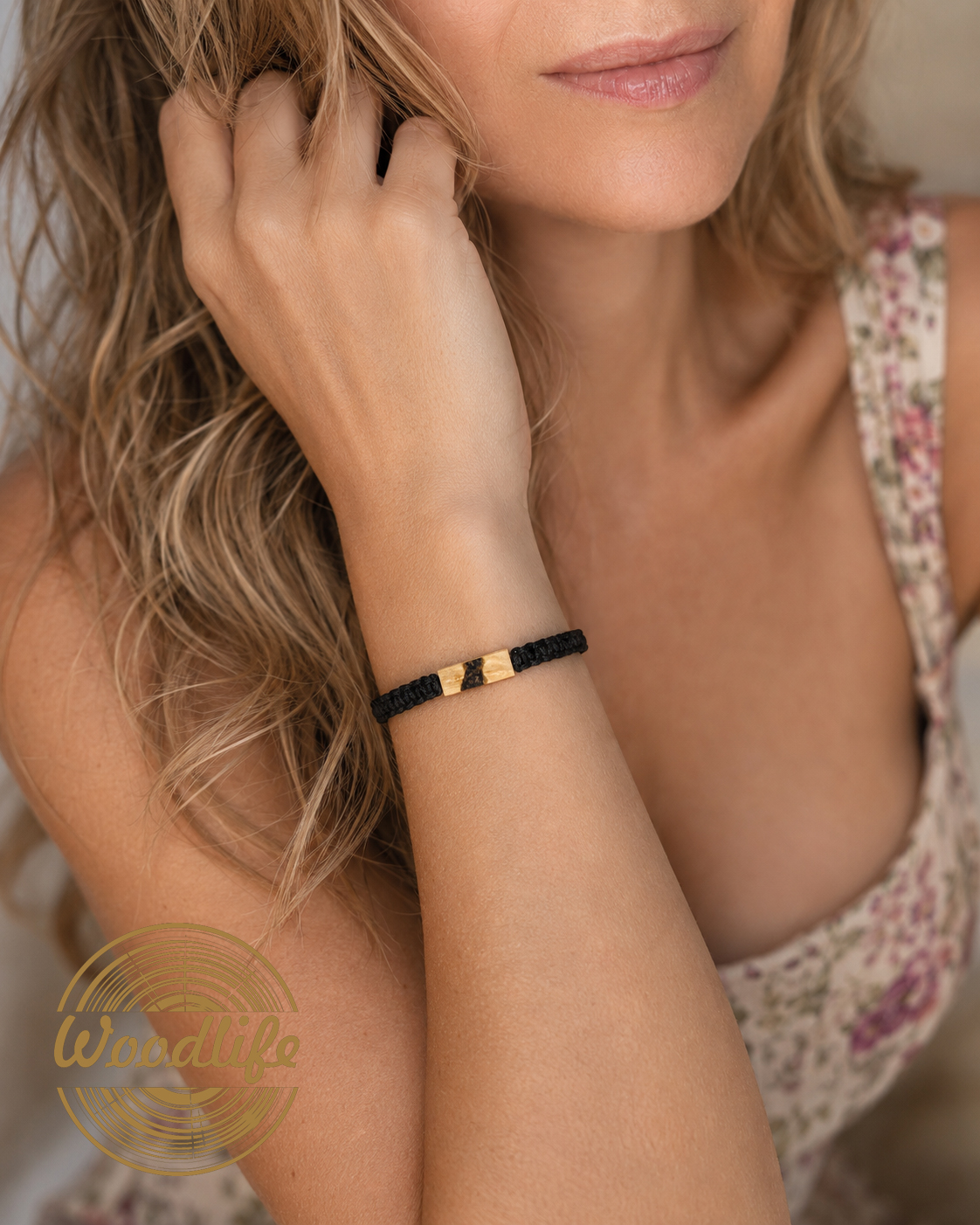 Obsidian Wood – unisex macramé náramek s obsidiánem a březovým dřevem