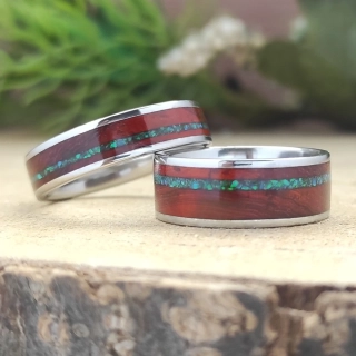 Snubní ocelové prsteny s opálem a padoukem