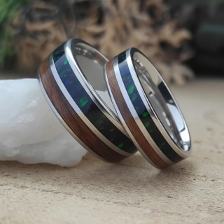 Snubní ocelové prsteny s ořechem a černým opálem